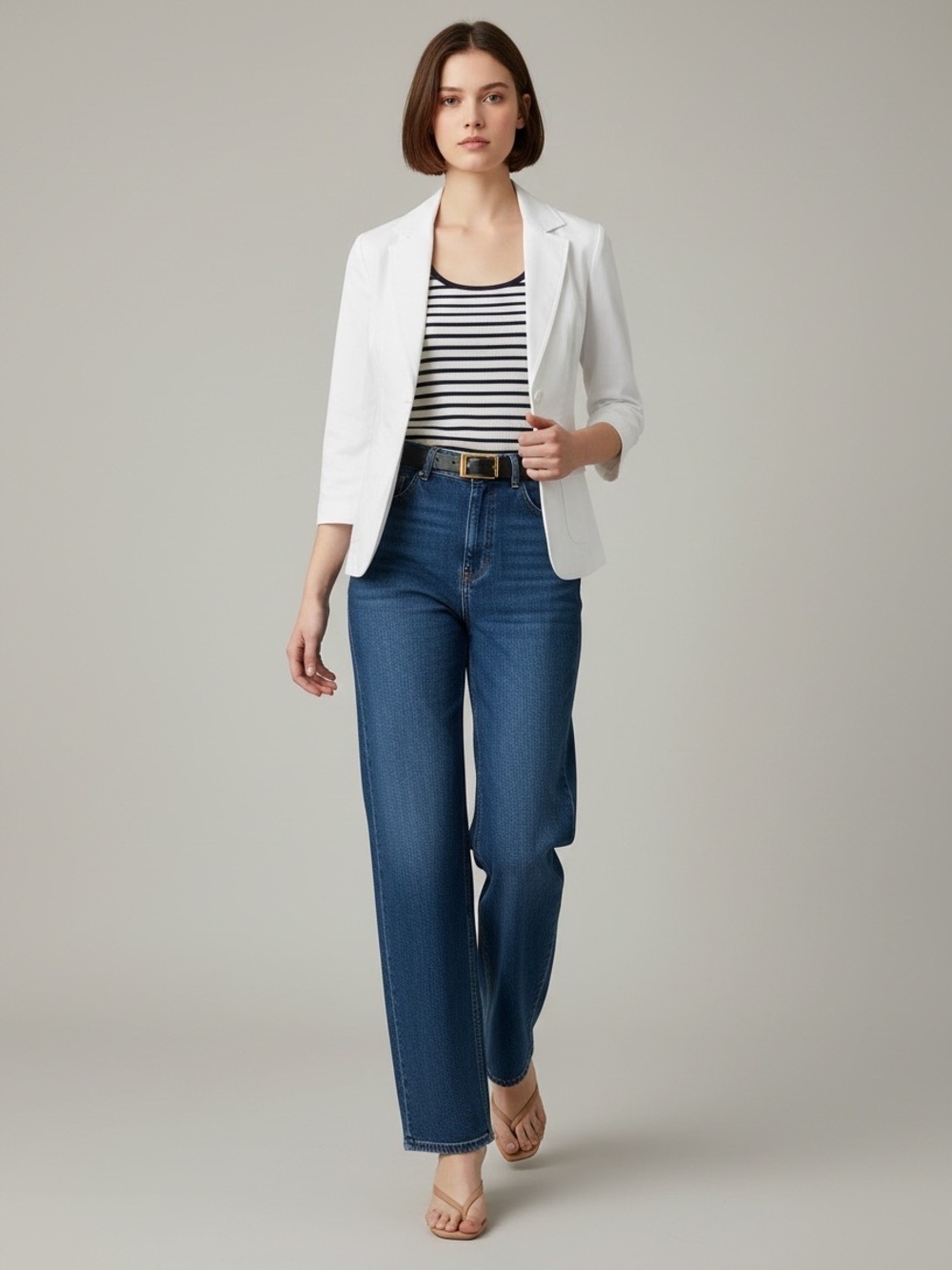 Suzy Shier White Cropped Fitted Blazer 3/4 Sleeves Cotton Size Small